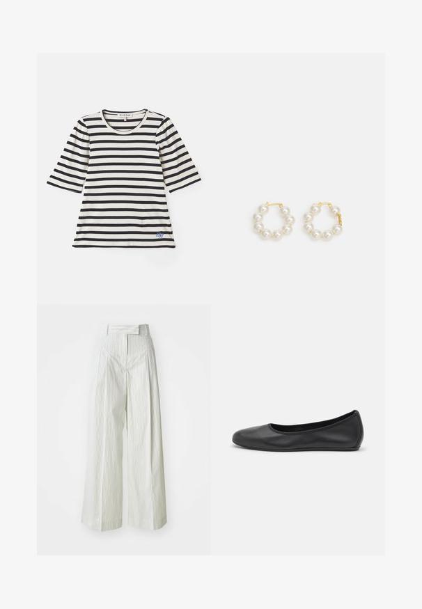 Stripet t-skjorte i krem og marineblå, med korte ermer, ribbet tekstur, rund hals og en liten blå logodetalj nær kanten.; Bredde bukser i lysegrønn med vertikale hvite striper. Har høy midje, belteholder og en glatt bomullstekstur.; Svart skinnballettflatt med rund tå, glatt tekstur, minimal sømdetalj, og et fleksibelt såledesign.; Perle hoop øredobber med en lås i gullfarget metall. Designet inkluderer flere glatte, hvite perler i en sirkelform.