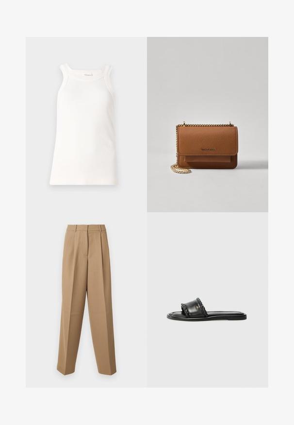 White ribbed tank top with rounded neckline and wide straps. Features a subtle logo detail on the hem. Soft fabric with a fitted shape.; Beige tailored trousers with a high waist, pleated front, and wide-leg cut. The fabric appears smooth with a slight sheen.; Black leather sandal with a woven strap detail, flat sole, and a sleek design. Smooth texture and minimalistic profile.; Brown textured leather crossbody bag with gold chain strap and flap closure. Front features logo detail and a pocket under the flap.