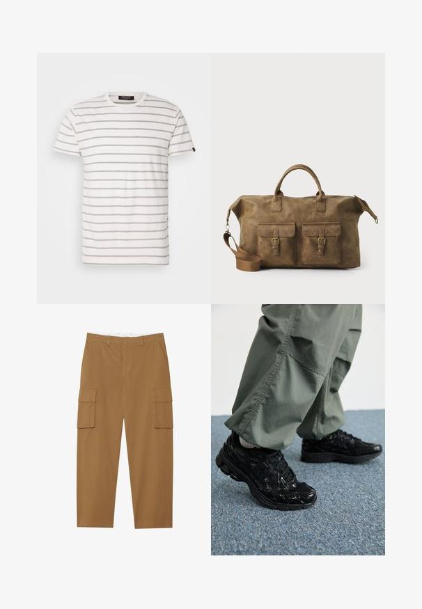 T-paita lyhythihaisena, pyöreällä kaula-aukolla, valkoisena, jossa on vuorotellen harmaita raitoja. Pehmeä kangas, normaali istuvuus ja suora helma. Merkkilogo sivussa.; Ruske hlače s cargo stilom, s dva bočna džepa, ravnim prednjim dijelom i ravnim nogavicama. Izrađene su od izdržljive tkanine s glatkom teksturom.; Musta urheilukengät, joissa on kiiltävä ja verkkokangas tekstuuri, paksu pohja ja nauhat, yhdistettynä löysiin oliivinvihreisiin cargo-housuihin.; Ruskea nahkainen duffel-laukku, jossa on kaksi etutaskua, säädettävä olkahihna, kultaiset yksityiskohdat ja tukevat yläkahvat. Lisääntynyt sileä rakenne.