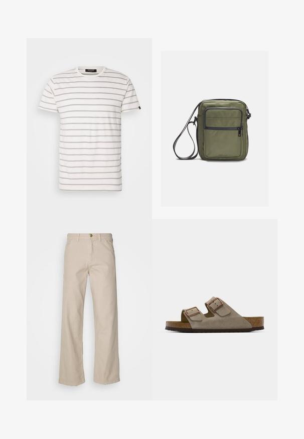 T-shirt a maniche corte, collo giro in bianco con strisce grigie alternate. Tessuto morbido con vestibilità regolare e orlo diritto. Etichetta del marchio sul lato.; Pantaloni beige in cotone a gamba larga con cinque tasche, chiusura a bottone e passanti per la cintura; texture liscia con taglio dritto e orlo.; Infradito in suede grigio chiaro con due fibbie regolabili, un sottopiede in sughero e una suola in gomma strutturata.; Borsa a tracolla verde oliva con superficie liscia, dotata di una tasca anteriore con zip e tracolla regolabile. Realizzata in nylon resistente.