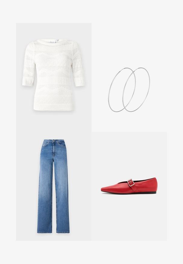 Witte gebreide trui met korte mouwen. Heeft golf- en diamantpatronen, geribbelde manchetten en een ronde halslijn. Gemaakt van lichte materialen.; Lichtblauwe wijd uitlopende spijkerbroek van denim, met een hoge taille, voorkruiszakken en een standaard knoopsluiting. Gladde textuur.; Rode leren platte schoen met een spitse neus, voorzien van een zijkant band met een metalen gesp en een lage zwarte hak. Gladde textuur overal.; Zilveren hoepel oorbellen met een minimalistisch ontwerp. Cirkelvormig, gladde textuur en dun profiel. Lichtgewicht met een gepolijste afwerking.