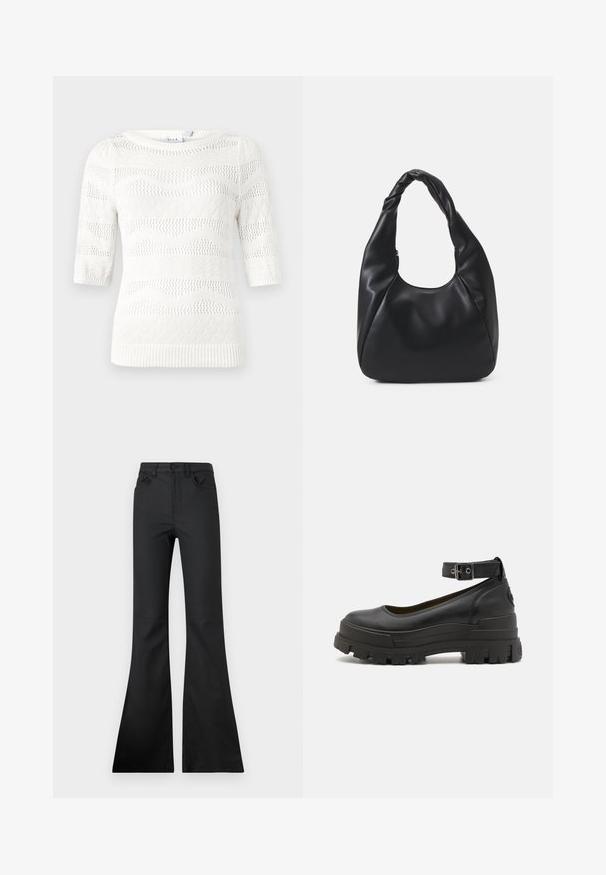 Biały wełniany sweter z krótkimi rękawami. Posiada wzory fal i diamentów, ściśle zakończone mankiety oraz okrągły dekolt. Wykonany z lekkiego materiału.; Czarne dżinsy w stylu dzwonów z średnim stanem, wykonane z gładkiego materiału. Posiadają pięć kieszeni oraz widoczne detale przeszyć.; Buffalo ASPHA czarny; Czarna torba hobo wykonana z gładkiego, skóropodobnego materiału z twisted uchwytem, o miękkim, zaokrąglonym kształcie i górnym zapięciem na zamek.