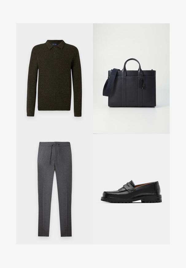 Grüner Langarm-Polo-Pullover mit strukturiertem Finish, zwei-Knopf-Leiste und gerippten Bündchen. Einfaches, klassisches Design, geeignet für legere Freizeitkleidung.; Dunkelgraue, schmal zulaufende Hose mit elastischem Bund und Kordelzug, die an der Vorderseite dezente Falten aufweist.; Schwarze Lederloafer verfügen über eine erhöhte Naht, zwei dekorative Riemen im oberen Bereich und eine dicke, strukturierte Sohle für zusätzlichen Halt.; Dunkelblaues Lederaktentasche mit doppelten oberen Griffen und einem abnehmbaren Gurt. Merkmale sind die strukturierte Oberfläche, vertikale Nähte und das Logo-Detail.