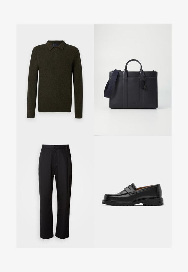 Zeleni dugi rukav polo džemper s teksturiranim završetkom, dvobojnim kopčanjem i rebrastim rukavima. Jednostavan, klasičan dizajn prikladan za ležerno nošenje.; Crne hlače ravnog kroja, izrađene od lagane tkanine. Imaju prednje kopčanje na dugme i dva bočna džepa; glatka tekstura.; Crne kožne mokasine imaju podignutu šav, dvije dekorativne trake na gornjem dijelu i debeli teksturirani đon za bolji grip.; Tamno plavi kožni aktovka s dvije gornje ručke i odvojivim remenom. Ima teksturiranu površinu, vertikalno šivenje i detalj s logotipom.