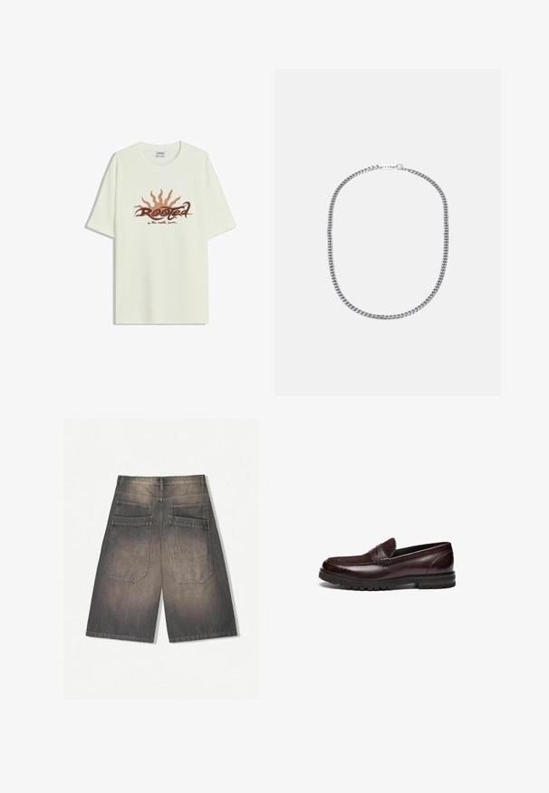 Světle krémové tričko s krátkým rukávem vyrobené z žebrované bavlny, s hnědým grafickým motivem slunce a slovem "Rooted" v stylizovaném písmu.; Tmavě šedé denimové šortky s bledým povrchem, vybavené dvěma zadními kapsami a rovnými, širokými nohavicemi. Bez viditelného kovového zapínání nebo ozdobných prvků.; Hnědé kožené mokasíny se semišovým akcentem, kulatou špičkou a strukturovanou gumovou podrážkou. Obsahují prošívané detaily a mírný podpatek.; Stříbrný kovový řetězový náhrdelník se silnými propletenými články, leštěným povrchem a malou sponou s logem.