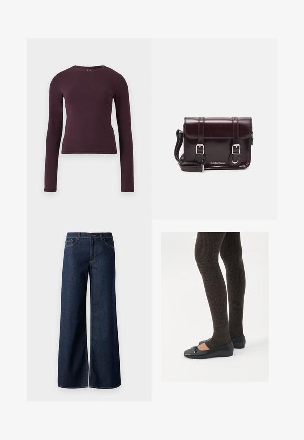 Dugih rukava, majica s okruglim izrezom u tamno ljubičastoj boji, napravljena od mekog i rastezljivog materijala. Ima prilagođeni dizajn bez vidljivih uzoraka ili naglašavanja.; Široke traperice u tamnoplavoj denim boji. Sadrže kontrastno šivanje, pet džepova i kopčanje na dugme u struku. Glatka tekstura.; Crne ravne cipele s malim mašnom na vrhu prstiju, uparene s tamnosmešnim rebrovanim čarapama. Cipele imaju glatku teksturu i nizak profil.; Tamnocrvena lakirana kožna torba preko ramena pravokutnog oblika, s dva remena, srebrnim hardverom i preklopnim zatvaranjem.