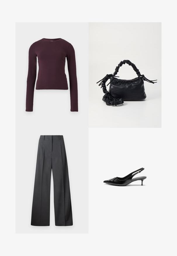 Dlouhý rukáv, tričko s kulatým výstřihem v tmavě fialové barvě, vyrobené z měkkého, elastického materiálu. Má přiléhavý střih bez viditelných vzorů nebo akcentů.; Široké kalhoty z tmavě šedé látky, s vysokým pasem, jedním skladem a hladkou texturou s čistým zakončením na lemech.; Černé kožené sandály na nízkém podpatku s řemínkem kolem paty, špičatou špičkou, nízkým ježkovým podpatkem a nabráním na nártu. Hladká textura a minimalistický design.; Černá kabelka z umělé kůže s krokodýlím vzorem, staženým vrškem a zmačkaným popruhem. Zdá se, že má měkký a kompaktní design.