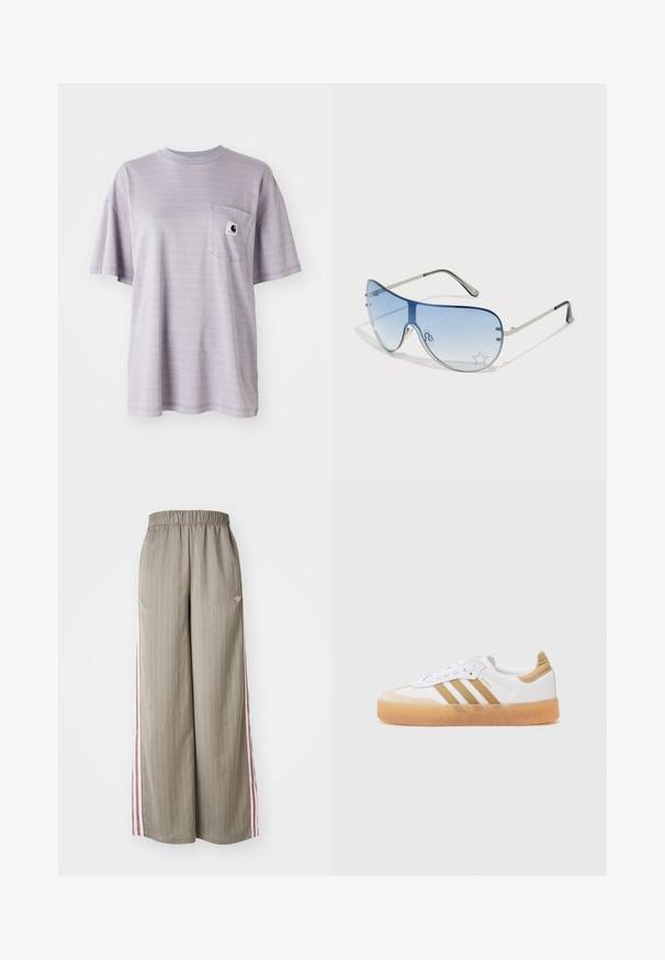 Hele lilla lühikeste varrukatega T-särk, millel on peened horisontaalsed triibud ja rinnatasku, kus on väike brändi logo. Pehme puuvillane kangas.; Heledad oliivrohelised laiad püksid vertikaalsete triipudega, elastse vöökohaga ja roosa külgtriibuga. Funktsiooniks on väike logo puusal.; Valge tennisekets, millel on beežid aktsendid, kolmerealine mustriga, ümar toe ja läbipaistev kummitald. Sile nahk ja tekstiilmaterjalid.; Aviatori prillid, millel on gradient sinine objektiiv, hõbedane metallraam ja dekoratiivsed staaraktsendid objektiivil. Sujuv ja stiilne disain.