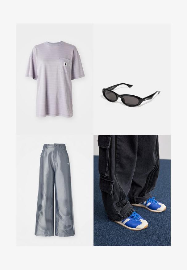 Světlá fialová krátká tričko s krátkým rukávem, které má jemné vodorovné pruhy a náprsní kapsu s malým logem značky. Měkká bavlněná tkanina.; Kalhoty s širokými nohavicemi z lesklého šedého materiálu, se bílými bočními pruhy a plamenným vzorem na spodní části nohavic. Zapínání na knoflík a zip v pase.; Osoba v volných černých cargo kalhotách a modro-bílých teniskách stojící na tmavě modrém koberci.; Černé oválné sluneční brýle s tmavými čočkami. Rám je štíhlý, mírně lesklý plast s šikmými konci a diskrétním označením na spáncích.; Černá crossbody taška z látky se zipovým uzávěrem, obsahující bílé logo Adidas a pruhovaný nastavitelný popruh pro snadné nošení.