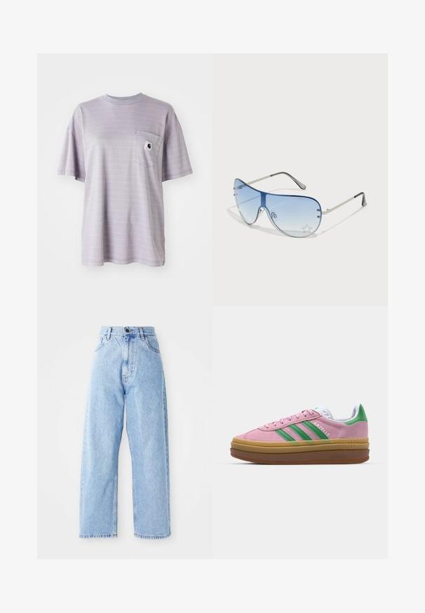 Hellpurpurfarbenes Kurzarm-T-Shirt mit dezenten Horizontalstreifen und einer Brusttasche, die ein kleines Markenlogo zeigt. Weicher Baumwollstoff.; Hoch-taillierte hellblaue Jeans mit geraden, weiten Beinen, vorderem Knopf, Reißverschluss und Front- sowie Gesäßtaschen.; Rosa Wildledersneaker mit grünen Streifen, weißen Akzenten und einer braunen Gummisohle. Verfügt über strukturierten Stoff und Logodetails an der Seite.; Flugzeugbrille mit einem verlaufenden blauen Glase, silbernem Metallrahmen und dekorativen Sternelementen auf dem Glas. Glattes und elegantes Design.