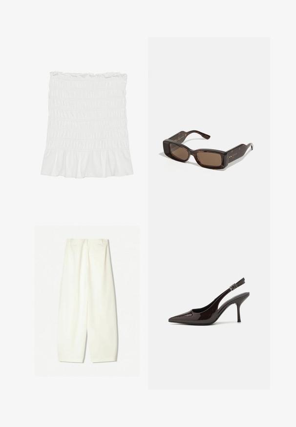 Weiße, geraffte Stoffskirt mit einem rüschenbesäumten Saum und elastischem Bund, der eine strukturierte Oberfläche und ein fließendes Design aufweist.; Weite Hosen aus einem weichen Creme-Stoff, mit glatter Textur, seitlichen Taschen und einem lässigen Schnitt mit mittelhohem Bund.; Slingback-Pumps aus glänzendem dunklen braunen Lackleder, mit spitzer Zehenpartie, offenen Seiten und verstellbarem Knöchelriemen.; Gucci Sonnenbrille mit rechteckigen braunen Gläsern, einem Rahmen aus Schildpatt-Acetat und goldenen Logo-Details an den Bügeln.