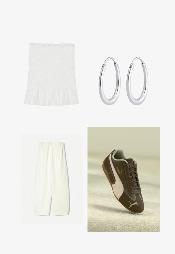 Witte, gematteerde stoffen rok met een gerimpelde zoom en elastische tailleband, met een gestructureerd oppervlak en een vloeiende uitstraling.; Brede broekspijpen in een zachte crèmekleurige stof, met een gladde textuur, zijzakken en een relaxte pasvorm met een middenhoog tailleband.; Bruine Puma sneaker met een beige streep en logo, met veters, rustend op een gestructureerde beige ondergrond.; Zilveren oorbellen in de vorm van een gladde, gepolijste ring. Beschikt over een unieke ovale vorm en een veilig klapsysteem. Gemerkt met "925" voor sterling zilver.