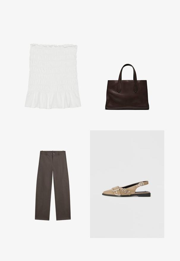 Witte, gematteerde stoffen rok met een gerimpelde zoom en elastische tailleband, met een gestructureerd oppervlak en een vloeiende uitstraling.; Brede broek in donkerbruin stof. Heeft een knoopsluiting, twee voorzakken en een soepele textuur met nette naden.; Beige gepatineerde slingback schoenen met een spitse neus, twee verstelbare gespen en een lage zwarte hak. Glad textuur met een glanzende afwerking.; Bruine leren tote bag met twee verlengde handvatten, gestructureerde rechthoekige vorm, gladde textuur en subtiele stiksels.