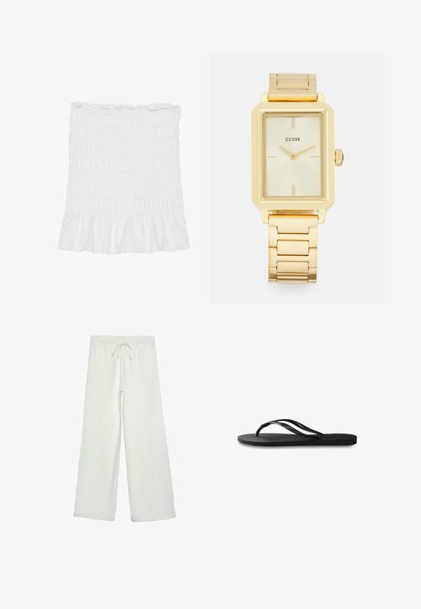 Weiße, geraffte Stoffskirt mit einem rüschenbesäumten Saum und elastischem Bund, der eine strukturierte Oberfläche und ein fließendes Design aufweist.; Weiße, weit geschnittene Hose aus weichem Stoff. Mit einem elastischen Bund und einem Kordelzug sowie einer glatten Oberfläche. Keine sichtbaren Muster oder Hardware.; Schwarze Flip-Flops mit einer strukturierten Gummisohle, zwei schlanken Riemen und einem dezenten, geprägten Logo-Detail auf dem Riemen.; Goldfarbene rechteckige Armbanduhr mit minimalistischem Design, ausgestattet mit einem cremfarbenen Zifferblatt, goldenen Zeigern und einem Gliederarmband aus Metall. Die Markierungen umfassen den Markennamen.