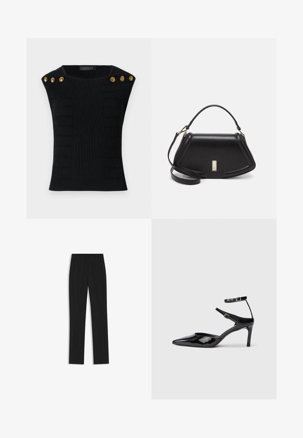 Czarny prążkowany t-shirt z guzikami na ramionach w kolorze złotym. Posiada strukturalne wzory, dopasowany krój oraz okrągły dekolt.; Czarne spodnie o dopasowanym kroju z prostymi nogawkami, z przednimi kieszeniami i gładką, teksturowaną tkaniną. Schludne, minimalistyczne wykończenie.; Czarne lakierowane szpilki z ostrym noskiem, regulowanymi paskami wokół kostki i smukłą szpilką. Gładka tekstura z błyszczącym wykończeniem.; Czarna skórzana torebka o strukturalnym designie, z przyciętą formą, górnym uchwytem i złotymi akcentami. W zestawie regulowany pasek na ramię.