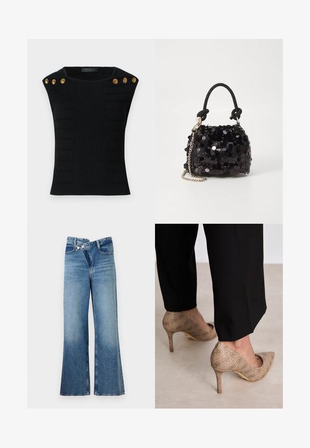Černý ribbed pletený top s ramenními knoflíky ve zlaté barvě. Obsahuje texturované vzory, přiléhavý střih a kulatý výstřih.; Světle modré riflové zvonové džíny s vysokým pasem, mají dva knoflíky a přední kapsy. Látka má vybledlý povrch s jemnými variacemi.; Béžové lodičky na vysokém podpatku s texturovanou látkou, která má opakující se vzor. Díky špičaté špičce, zadnímu akcentu a zlatému detailu na podpatku.; Černá mini kabelka s flitry, s uzlovým texturovaným popruhem a stříbrným řetízkem. Zaoblený tvar s nařaseným vrchem a reflexními detaily.
