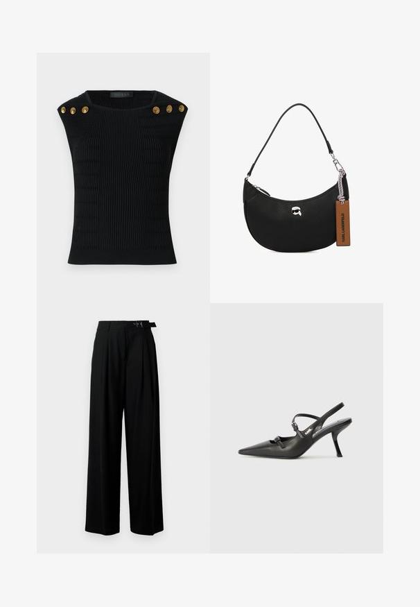 Top de malha canelada preta com botões nos ombros em dourado. Apresenta padrões texturizados, design ajustado e gola redonda.; Calças largas pretas de cintura alta, com pregas à frente e um cinto com fivela. Feitas de um tecido liso e leve.; Sapatos de salto alto em couro preto, tipo slingback, com bico pontiagudo, salto esguio e detalhe decorativo em fivela no peito do pé. Textura suave e design elegante.; Bolsa de mão em couro preto com textura granulada, formato curvado, fecho superior com zipper, acessórios em prata e uma etiqueta castanha. Apresenta um destaque do logotipo.