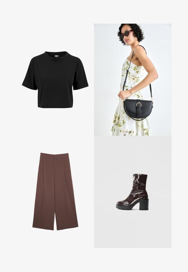 Musta lyhythihainen crop-top, joka on valmistettu puuvillasta. Tässä paidassa on pyöreä kaula-aukko ja lyhyet hihat. Se on yksinkertainen, sileä ja ilman näkyviä grafiikoita.; Ruskeat leveälahkeiset housut, joissa on sileä pinta, korkea vyötärö ja etupleat. Kangas on kevyttä ja laskeutuu väljänä.; Satea bordeaux berwarna mengkilap dengan tumit hitam tebal, menampilkan tekstur halus dan desain sederhana. Tanpa pengikat atau pola yang terlihat.; Musta nahkainen käsilaukku, joka on kaareva muotoilultaan, irrotettavalla hihnalla ja kultaisilla yksityiskohdilla. Laukussa on läppä, jossa on solk yksityiskohta.