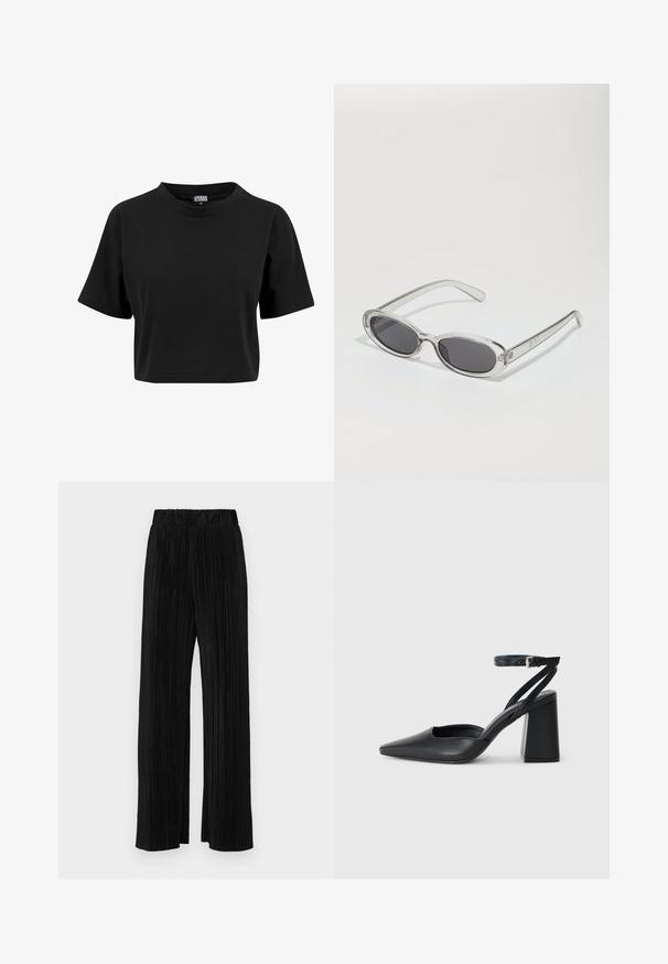 Melns īsais T-krekls, kas izgatavots no kokvilnas, ar apaļu izgriezumu un īsām piedurknēm, ar vienkāršu, gludu faktūru un bez redzamām grafiskām detaļām.; Melni plīšu bikses ar elastīgu jostu. Tām ir platākas kājas un gluda, teksturēta auduma ar vertikālām svītrām.; Melna ādas augstpapēžu kurpe ar norakstīto purngala formu, potītes siksniņu un masīlu papēdi. Gluda tekstūra, elegants dizains un minimālisma estētika.; Saulesbrilles ar ovālu formu, caurspīdīgu plastmasas rāmi, tumši pelēkiem stikliem un plāniem caurspīdīgiem kātiem, kas satur logotipa akcentus un minimālu noformējumu.