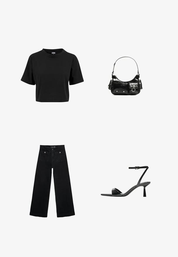 Sort cropped T-shirt lavet af bomuld, med rund halsudskæring og korte ærmer, med en ensfarvet, glat tekstur og uden synlige grafik.; Sorte vidde jeans med høj talje, der har to forlommer og metalknapdetaljer. Stoffet har en glat tekstur.; Bershka Højhælede sandaletter / Højhælede sandaler - black; Sort patenteret læder håndtaske med en buet form, en skulderrem, frontlommer og hardware accenter i sølvfarve.
