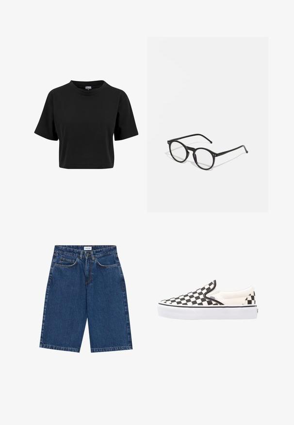 Czarny krótki T-shirt z bawełny, z okrągłym dekoltem i krótkimi rękawami, o gładkiej, jednolitej fakturze bez widocznych grafik.; Jeansowe szorty w ciemnoniebieskim kolorze, z pięcioma kieszeniami, prostym krojem i widocznymi przeszyciami. Gładka faktura i średni stan.; Czarno-białe buty slip-on Vans w kratkę z płóciennym wierzchem, gumową podeszwą i wyściełanym kołnierzem. Płaska, okrągła noska z białymi akcentami na podeszwie.; Okrągłe czarne okulary przeciwsłoneczne z przezroczystymi soczewkami, cienkimi czarnymi zausznikami oraz małymi metalowymi akcentami z przodu. Klasyczny design o minimalistycznym stylu.