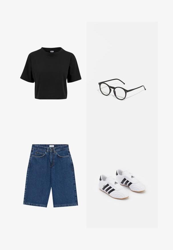 Schwarzes, kurz geschnittenes T-Shirt aus Baumwolle mit rundem Halsauschnitt und kurzen Ärmeln. Es hat eine schlichte, glatte Textur und keine sichtbaren Grafiken.; Dunkelblaue Jeansshorts mit einem Fünf-Taschen-Design, geradem Schnitt und sichtbaren Nähakzenten. Glatte Textur und mittelhohe Taille.; Weiße Sportschuhe mit schwarzen Streifen, die eine samtähnliche Textur, eine abgerundete Zehe und einen Klettverschluss aufweisen. Gummisohle für besseren Halt.; Runde schwarze Sonnenbrillen mit klaren Gläsern, dünnen schwarzen Bügeln und kleinen metallischen Akzenten an der Front. Klassisches Design mit minimalistischem Stil.