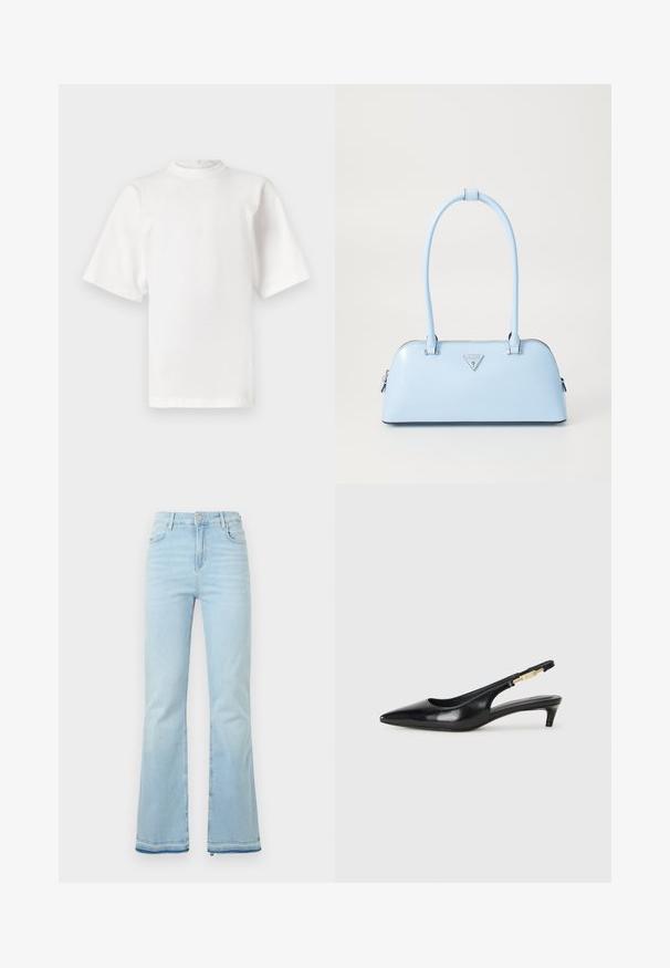 Balta trumpomis rankovėmis medvilninė marškinėliai su aukštu iškirpimu ir tiesiu siluetu. Nėra matomų raštų ar akcentų. Siuvimo detalės pečiuose.; Šviesiai mėlyni, platėjantys džinsai pagaminti iš denimo, su aukštu juosmeniu, priekinėmis kišenėmis ir nelygiais apačiais, suteikiančiais kasdišką išvaizdą.; Juodas odinis pavasario batelių modelis su smailiu nosiu, turintis siaurą kulniuką ir auksinės spalvos akcentu reguliuojamoje juostoje. Lygi tekstūra.; Šviesiai mėlyna rankinė su struktūriška forma, lygaus odos paviršiaus, dviem rankenomis ir trikampiu prekės ženklo logotipu priekyje. Užtraukiama uždanga.
