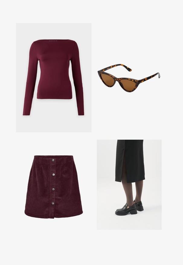 Top à manches longues en bordeaux profond, fabriqué à partir d'un matériau doux et extensible. Présente une encolure carrée et une coupe ajustée, sans motifs ni éléments métalliques visibles.; Jupe mini en velours côtelé bordeaux avec une forme évasée, dotée de cinq boutons argentés sur le devant et d'une texture côtelée subtile.; Chaussures noires en cuir avec un bout arrondi, un épais talon bloc et des accents latéraux élastiques, associées à des bas foncés et une jupe noire avec une fente.; Lunettes de soleil style œil de chat avec une monture en écaille de tortue noire et orange, verres marron et pointes effilées et élégantes. Présente un logo minimaliste sur la branche.
