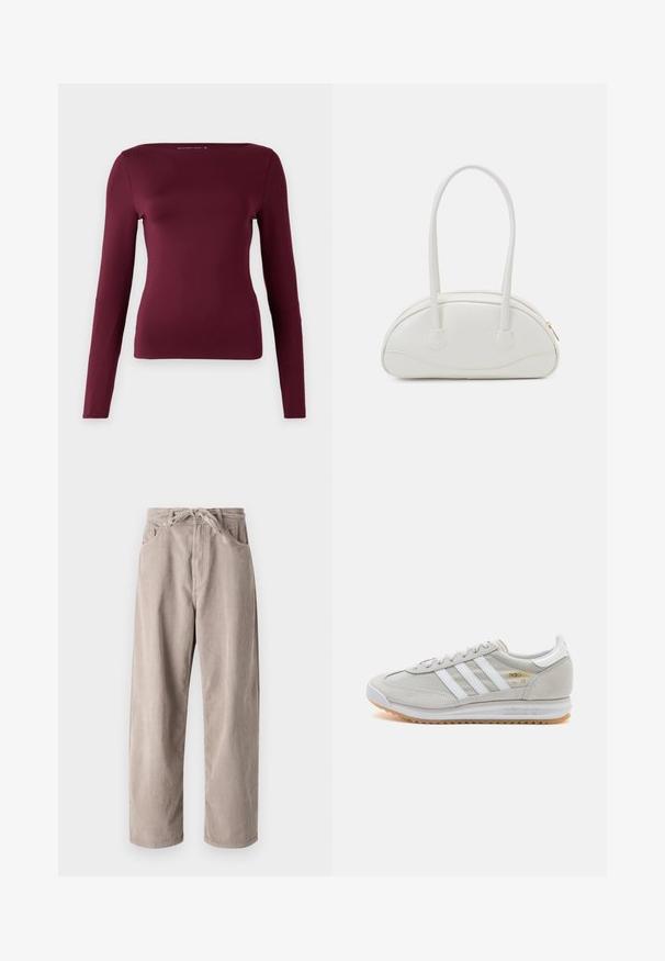 Langsleeve shirt in diep bordeaux, gemaakt van zachte, rekbare stof. Heeft een vierkante halslijn en een aansluitend ontwerp, zonder zichtbare patronen of hardware.; Beige corduroybroek met een losse pasvorm, voorzien van een tailleband met trekkoord, twee voortassen en een verticale ribbelstructuur.; Lichtgrijze sneaker van suede en mesh, met drie witte strepen, ronde neus en een gumrubberen zool. Gouden logo-accent bij de veters.; Even&Odd Handtas - off-white; Zilveren hoepel oorbellen met een minimalistisch ontwerp. Cirkelvormig, gladde textuur en dun profiel. Lichtgewicht met een gepolijste afwerking.