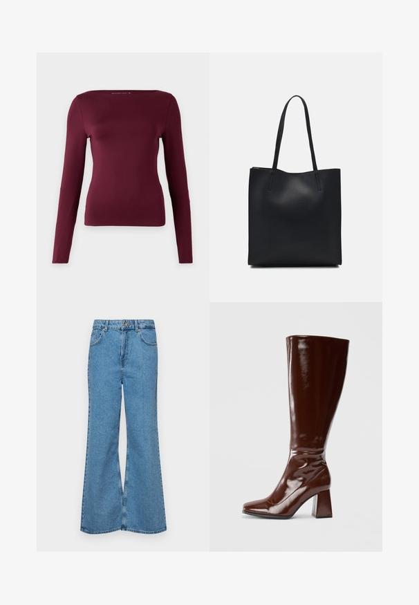 Top cu mânecă lungă, de culoare burgundie închisă, realizat dintr-un material moale și elastic. Are un decolteu pătrat și un design ajustat, fără modele sau accesorii vizibile.; Jeanși evazați de culoare albastru deschis, din denim, cu talie înaltă, cinci buzunare și închidere cu un singur buton. Textură moale cu un finisaj decolorat.; Bocanci din piele sintetică maro, până la genunchi, cu vârf pătrat, finisaj lucios și toc gros pentru stabilitate. Design fără cusături, fără hardware vizibil.; Geantă tote neagră din piele, cu textură netedă, formă rectangulară și două mânere lungi. Fără hardware vizibil sau ornamente.