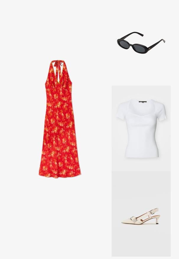 Top corto bianco a righe con scollo quadrato e corpino aderente, caratterizzato da una sottile texture. Le cuciture sottili mettono in risalto il design.; Abito estivo rosso a fiori con girocollo, dotato di un corpetto aderente e una gonna fluida, realizzato in tessuto leggero con una superficie liscia.; Scarpa slingback bianca in pelle con punta affusolata, tacco basso e cinturino regolabile con una grande fibbia in argento ben in evidenza.; Occhiali da sole neri oversize con lenti ovali, montatura in plastica liscia e accenti dorati sulle tempie. Le lenti scure offrono protezione dal sole.; Maje MISS MINI - Borsa a tracolla - noir; Collana in oro con catena, caratterizzata da gemme alternate di verde chiaro, rosa e trasparente. Ogni gemma è incastonata in una montatura circolare.