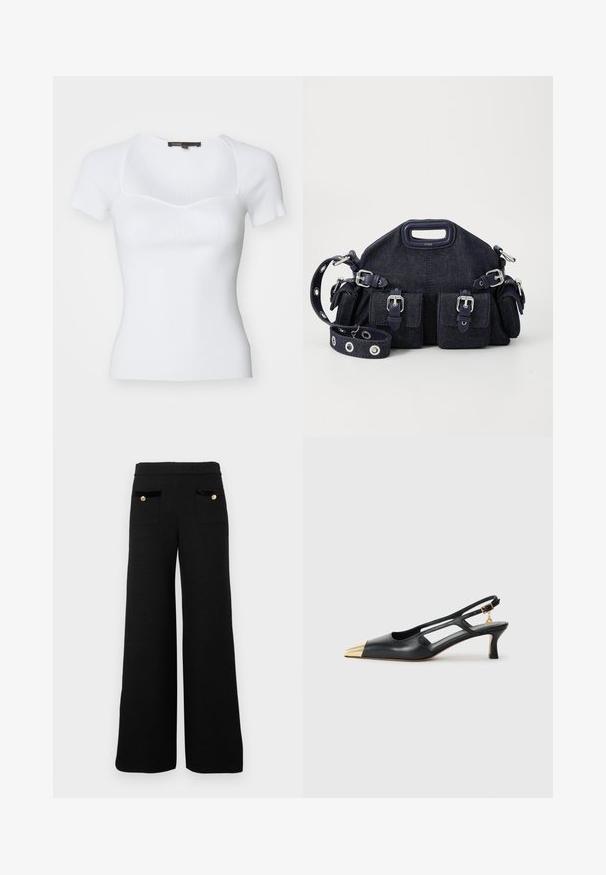 Top corto bianco a righe con scollo quadrato e corpino aderente, caratterizzato da una sottile texture. Le cuciture sottili mettono in risalto il design.; Pantaloni ampi neri realizzati in tessuto strutturato, con due tasche anteriori con dettagli in velluto nero e bottoni dorati.; Scarpe slingback in pelle nera con punta affusolata e tacco metallico dorato. Presentano un design con ritagli e un tacco sottile con cinturino regolabile.; Borsa in denim blu scuro dalla forma arrotondata, con molteplici tasche esterne, tracolla regolabile e dettagli in metallo argentato. Include una maniglia superiore.; Orecchini dorati con molteplici catene a cascata, dotati di accenti in strass ovali trasparenti e parte superiore decorativa a perno.