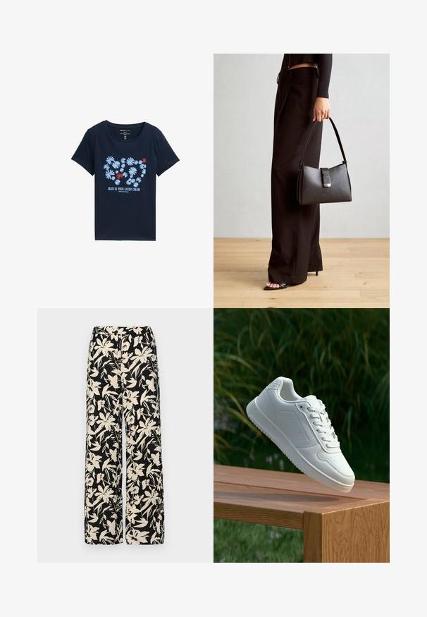 TOM TAILOR DENIM PRINTED - Triko s potiskem - sky captain blue; Černé kalhoty s širokými nohavicemi a krémovým květinovým vzorem. Vyrobené z lehké tkaniny, s hladkým povrchem a vysokým pasem.; Bílé tenisky s hladkým syntetickým svrškem, perforovanou špičkou, plochými tkaničkami a texturovanou podrážkou, vystavené na dřevěném povrchu.; Černá kabelka se strukturovaným tvarem, hladkým povrchem a kovovým uzávěrem. Kombinována s širokými černými kalhotami a sandály s otevřenou špičkou na dřevěné podlaze.