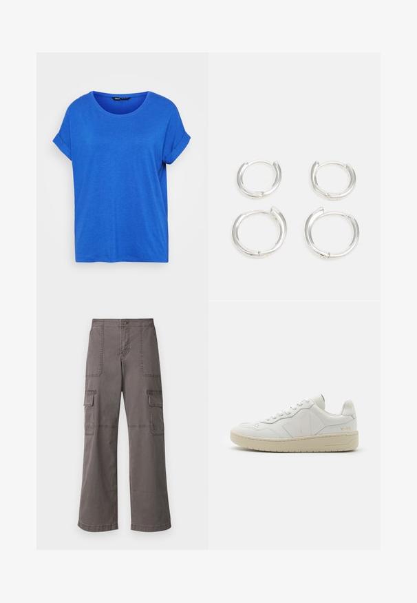 Mėlynas medvilninis marškinėliai su apvaliu iškirpimu, suktomis trumpomis rankovėmis ir laisvu siluetu. Lygi tekstūra, be raštų, ir tiesi apačia.; Pilkos spalvos medvilninės cargo kelnės su plačiais šonais, turinčios dvi priekinės kišenes, dvi šonines kišenes ir matomas siuvimo detales.; Baltos odinės sportinės bateliai su perforuota pirštų zona, kontrastinga bežine gumine vibramu ir logotipų akcentais šone ir kulne. Minimalistinis dizainas.; Sidabriniai auskarai žiedai, turintys lygaus, blizgaus paviršiaus. Du poros, su šiek tiek skirtingais dydžiais. Paprastas, apvalus dizainas, lengvi.