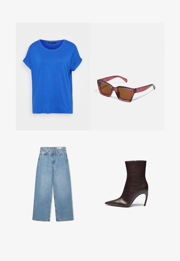 Blå bomuldst-shirt med rund halsudskæring, opkrøllede korte ærmer og en afslappet pasform. Glat tekstur, ingen mønstre og en lige kant.; Lyseblå vide denimjeans med høj talje, fem lommer, knaplukning og diskret falmning for tekstur.; Brun læder ankelstøvle med spids tå, slank silhuet og højt stiletto-hæl. Har en glat overflade og minimalistisk design.; Rødtonede firkantede solbriller med brune linser. Fremstillet af gennemsigtigt plastik. Har en markant vinkelret design og diskret branding på stellet.; Sort læderhåndtaske med et buet design, guldfarvet hardware og en øverste håndtag. Har en strømlinet lukning og en glat tekstur.