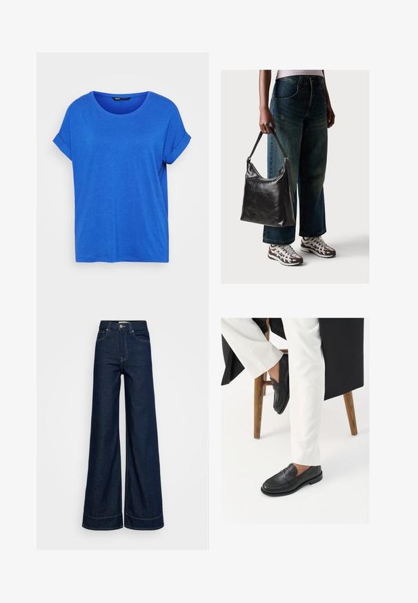 Blauwe katoenen T-shirt met een ronde halslijn, opgerolde korte mouwen en een ontspannen pasvorm. Gladde textuur, geen patronen en een rechte zoom.; Donkerblauwe high-waist wijde jeans met voorzakken, riempjes, knoopsluiting en zichtbare stiksels op een witte achtergrond.; Zwarte leren loafers met een gladde textuur en een brede banddetail, gedragen met witte op maat gemaakte broek. De hak heeft een plat ontwerp.; Zwarte leren schoudertas met een gladde textuur en een verstelbare strap, gecombineerd met vervaagde wijde jeans en sportieve sneakers.