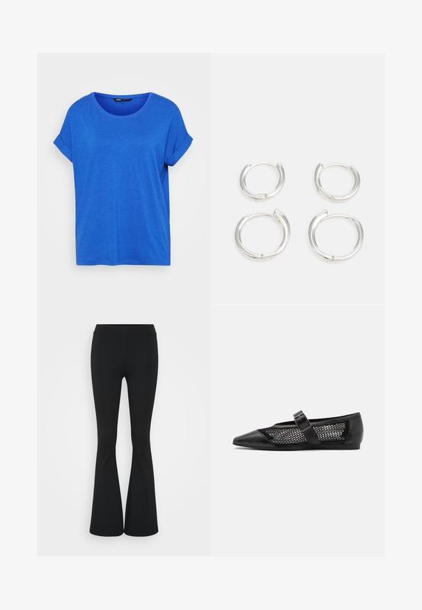 Blue cotton t-shirt with a round neckline, rolled short sleeves, and a relaxed fit. Smooth texture, no patterns, and a straight hem.; Black flared pants made of stretchy fabric, featuring a high waistband and a smooth texture. The pants flare out from the knee.; Black flat shoe with a pointed toe, mesh side panels, and a strap with a buckle detail. Smooth finish on the toe and heel sections.; Silver hoop earrings, featuring a smooth, polished finish. Two pairs with a slightly different size. Simple, circular design, lightweight.