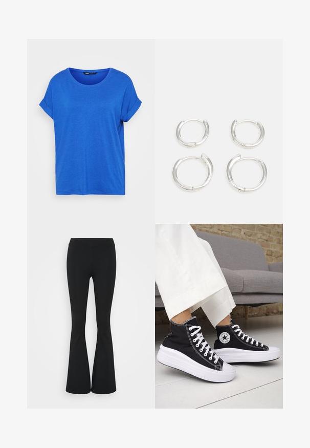 Blue cotton t-shirt with a round neckline, rolled short sleeves, and a relaxed fit. Smooth texture, no patterns, and a straight hem.; Black flared pants made of stretchy fabric, featuring a high waistband and a smooth texture. The pants flare out from the knee.; Black high-top sneakers with white rubber soles and laces. Features a round logo patch and contrasting white stitching. Canvas material.; Silver hoop earrings, featuring a smooth, polished finish. Two pairs with a slightly different size. Simple, circular design, lightweight.