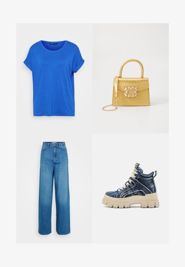 Modré bavlněné tričko s kulatým výstřihem, ohrnutými krátkými rukávy a volným střihem. Hladká textura, bez vzorů a s rovného lemem.; Modré vysoké kalhoty s širokými nohavicemi, se zapínáním vpředu na knoflík a zip, předními a zadními kapsami a šitými lemy na bílém pozadí.; Buffalo ASPHA MID - Vysoké tenisky - blue; Žlutá kabelka z umělé krokodýlí kůže se strukturovaným designem, horním uchopem, odnímatelným řetízkovým popruhem a dekoračním krystalovým zdobením na zapínání.