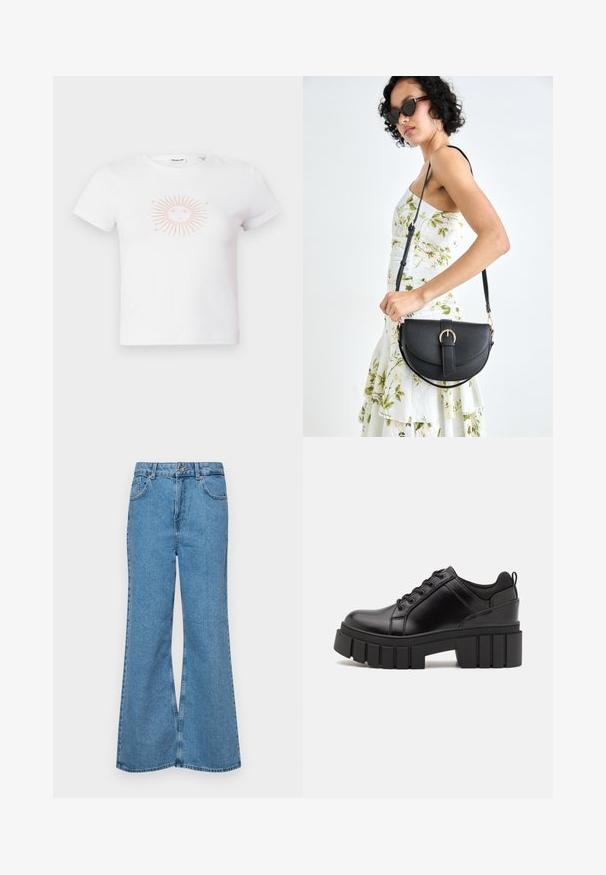 T-shirt de algodão branca com mangas curtas, apresentando um gráfico de sol rosa com raios e um design de rosto no centro. Textura suave, ajuste casual.; Jeans de brim azuis claros, com corte à boca de sino, apresentando uma cintura alta, cinco bolsos e um fecho de botão único. Textura macia com acabamento desbotado.; Sapatos de plataforma em couro preto com um salto bloco robusto, bico redondo e design clássico de atacadores. Apresentam uma textura suave e detalhes mínimos.; Bolsa de couro preta com forma curva, alça destacável e detalhes em dourado. A bolsa possui uma aba com detalhe de fivela.