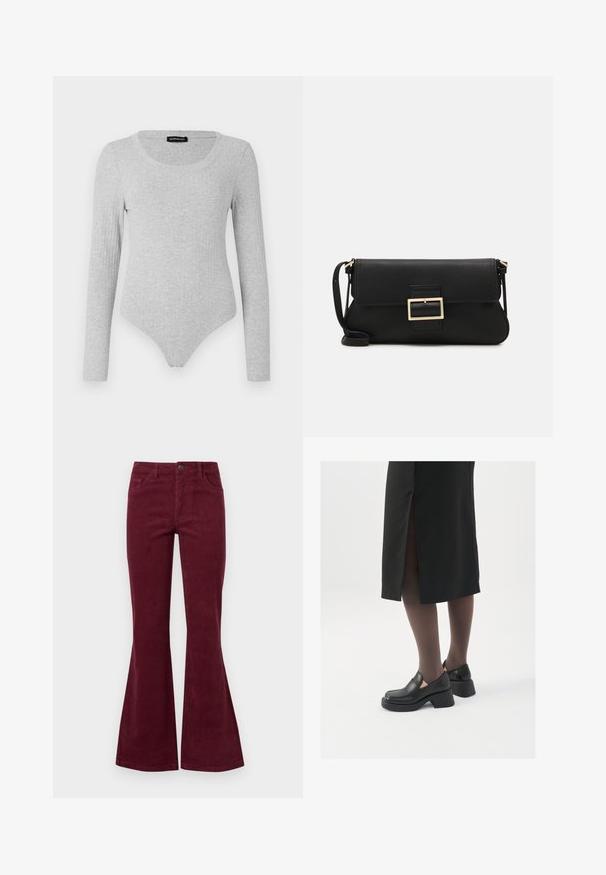 Hosszú ujjú bodysuit világosszürke bordás anyagból, lekerekített nyakkivágással és testhezálló fazonnal, tanga stílusú alsó résszel.; Bordó kordbársony széles szárú farmernadrág öt zsebel, elülső gombos záródással és texturált anyaggal. A széles szárak a térdtől a szegélyig terjednek.; Fekete bőr cipők lekerekített orral, vastag blokk sarkakkal és elasztikus oldalsó díszítésekkel, sötét harisnyával és hasítékkal ellátott fekete szoknyával párosítva.; Fekete bőr kézitáska hajtóka részlettel és aranyszínű fém csattal. Tartalmaz egy fekete pántot és egy letisztult, minimális dizájnt.