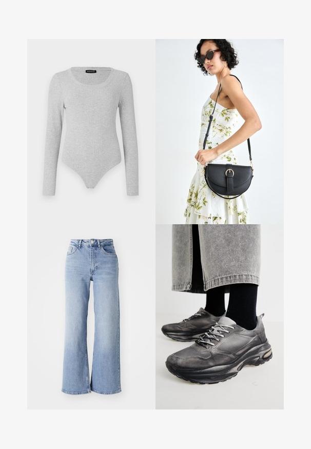 Langermet bodysuit i lys grå ribbemateriale, med rund hals og en tettsittende silhuett med thong-stil bunn.; Lyseblå høyt liv vide jeans med front- og baklommer, knappelukking og subtile falminger på lårene og kanten.; Sorte og grå treningssko har en mesh-overdel, tykke såler og snøring. De har en rund tå og synlige dempe detaljer.; Svart lærveske med en buet form, avtagbar stropp og gullbeslag. Vesken har et klaff med spenne-detall.