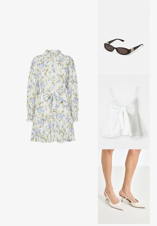 Top corto de lino blanco con tirantes ajustables y cierre de lazo en el frente. Presenta un dobladillo acampanado para un ajuste relajado.; Vestido floral en blanco con flores azules y verdes, con cuello, cierre frontal de botones, mangas largas con puños elásticos y cinturón a la cintura.; Tacones slingback de charol beige con punta afilada y un tacón de 5 cm, con lados recortados y una delgada correa en el tobillo.; Gafas de sol carey con lentes ovalados alargados, tintado marrón, acentos de logo dorado en las patillas y brazos negros elegantes.; Bolso de mano beige con un patrón y forma curva, acentos de cuero y un logo tono dorado en la parte frontal. Cuenta con un asa corta para un fácil transporte.; Collar de perlas y cristales con un diseño redondo y abalorado en tonos suaves, que presenta perlas alternadas y acentos brillantes, llevado alrededor del cuello.