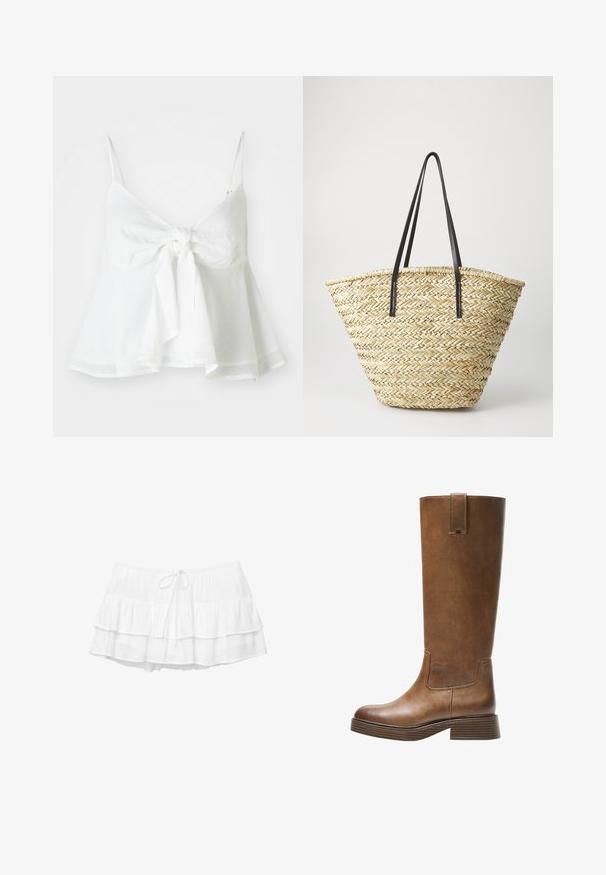 Valkoinen pellavainen crop-top, jossa on säädettävät olkaimet ja edessä solmittava sulku. Sivuille levenevä helma tarjoaa rentoa istuvuutta.; Valkoinen kerroksellinen hame, jossa on kolme röyhelökerrosta, joustava vyötärö ja naruominaisuus. Valmistettu kevyestä, teksturoidusta kankaasta.; Kahvipronssinen polvipituinen saapas, jossa on pyöristetty kärki, teksturoitu pinta ja matala pinoheijastin. Varressa on sivupaneeli ja vetotappi ylhäällä.; Kudottu oljetta oleva käsilaukku, jossa on leveä, kapeneva muoto ja kaksi mustaa nahkahihnaa. Luonnollinen beige väri, joka on teksturoidulla pinnalla.