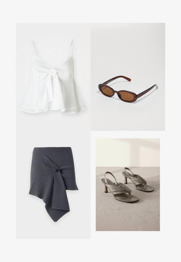 Bílý lněný crop top s nastavitelnými ramínky a zavazováním vpředu. Má rozšířený lem pro uvolněný střih.; Tmavě šedá proužkovaná zavinovací sukně s krouceným designem a kulatým černým knoflíkem jako akcentem. Vyrobena z texturovaného, elastického materiálu.; Šedé kožené sandály na vysokém podpatku se šikmým páskem, zdobené kroucenými předními pásky a čtveratými špičkami, s nízkým blokovým podpatkem a texturovaným povrchem.; Kulaté sluneční brýle hnědé barvy s lesklým burgundským rámem. Úzké nožičky s jemným logem. Rovné čočky.; ALDO THALELI - Kabelka - navy