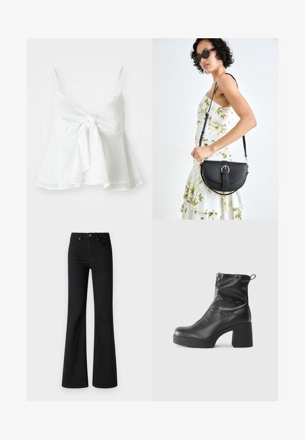 Top cropped em linho branco com alças de espaguete ajustáveis e fecho frontal com laço. Apresenta uma bainha larga para um ajuste descontraído.; Jeans pretos de perna larga feitos de denim com cintura alta, apresentando cinco bolsos, botão frontal e fecho de zíper, textura suave.; Botas de tornozelo pretas feitas de couro liso, com fecho lateral, salto grosso texturizado e design de bico arredondado.; Bolsa de couro preta com forma curva, alça destacável e detalhes em dourado. A bolsa possui uma aba com detalhe de fivela.