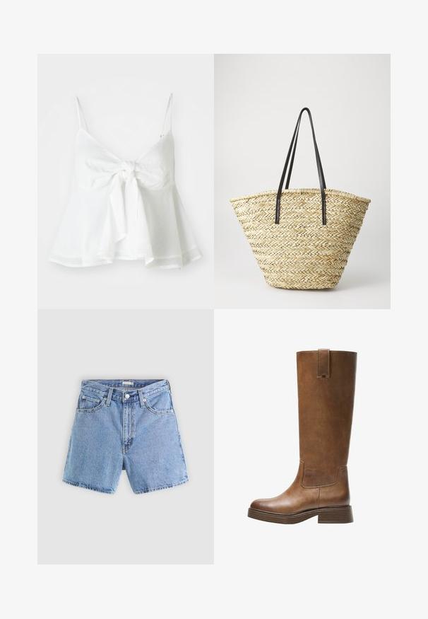 White linen crop top with adjustable spaghetti straps and a front tie closure. Features a flared hem for a relaxed fit.; Light blue denim shorts with a high waist, five pockets, visible stitching, and a frayed hem. Features a button and zipper closure.; Brown leather knee-high boot with a rounded toe, textured surface, and a stacked low heel. Features a side panel and pull tab at the top.; Woven straw tote bag with a wide, tapered shape, featuring two black leather handles. Natural beige color with a textured surface.