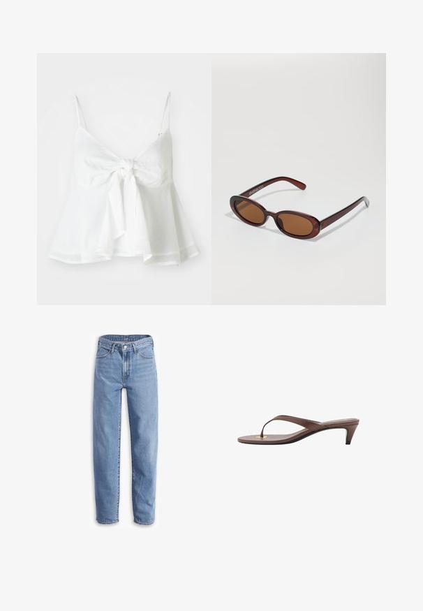 Bílý lněný crop top s nastavitelnými ramínky a zavazováním vpředu. Má rozšířený lem pro uvolněný střih.; Světle modré džíny vyrobené z denimu, s uvolněným střihem, rovnými nohavicemi, pěti kapsami a roztrhanými lemy pro neformální vzhled.; Hnědé sandály s podpatkem a tenkým páskem, zaoblenou špičkou a malým zlatým akcentem na stélce.; Kulaté sluneční brýle hnědé barvy s lesklým burgundským rámem. Úzké nožičky s jemným logem. Rovné čočky.; Hnědá pletená kožená kabelka s uvolněným trojúhelníkovým tvarem. Disponuje spleteným uchem a zipovým uzavíráním na vrchu.