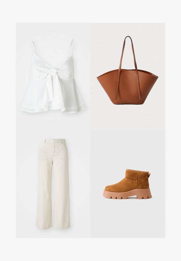 Baltas lininis trumpas viršus su reguliuojamais spaghetti petnešomis ir priekyje susirišamu užsegimu. Pagamintas su plačiu apvadu, kad suteiktų laisvą pojūtį.; Pločios kojos kelnės šviesiai bežinės spalvos, pagamintos iš lygaus audinio. Yra klasikinis juosmens dizainas ir lygūs priekiniai įsiuvai su švariomis linijomis.; Šviesiai rudos sukojos batus iki kulkšnies su apvaliu pirštu, tekstūruota ruda apačia ir užtrauktuku. Yra siuvinėta siūlė ir storas platformos dizainas.; Ruda odinė rankinė su plačia, struktūrizuota forma, plonomis rankenomis ir tekstūruotu paviršiu. Pasižymi minimalistišku dizainu be matomų detalių.