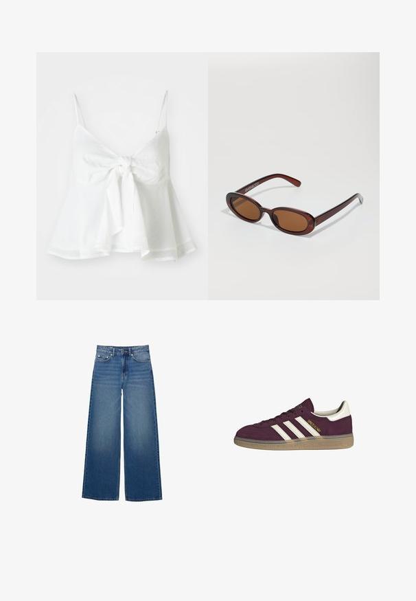 Biały lniany top krótki z regulowanymi ramiączkami i zapięciem na sznurek z przodu. Posiada rozszerzany dół dla luźnego kroju.; Szerokie niebieskie dżinsy wykonane z denimu, z wysokim stanem, przeszyciami i prostym krojem z delikatnym efektem przetarcia.; Bordowe zamszowe trampki z białymi trzema paskami i beżowymi akcentami. Mają teksturowaną gumową podeszwę i złote oznaczenia po boku.; Okrągłe, brązowe okulary przeciwsłoneczne z błyszczącą bordową oprawą. Cienkie ramiona z subtelnym detalem marki. Płaski kształt soczewek.; Brązowa torebka skórzana pleciona o luźnym, trójkątnym kształcie. Posiada pleciony uchwyt i zamek błyskawiczny na górze.